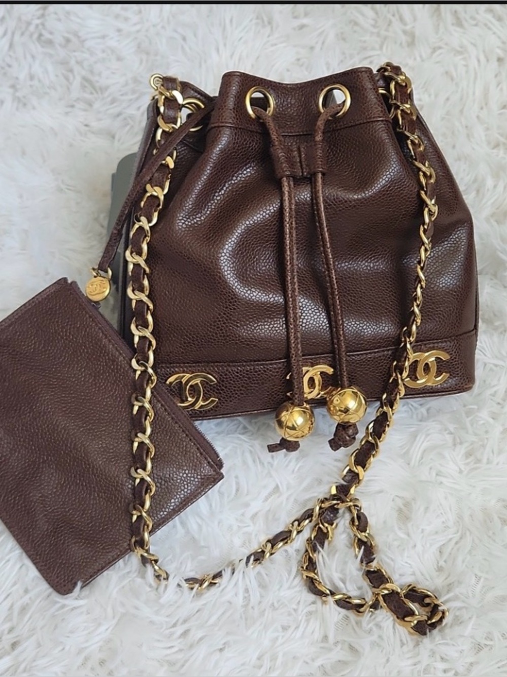Vintage Brown Chanel caviar drawstring bucket bag